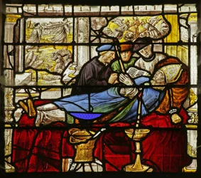 Vitrail représentant une scène de la vie de Saint Claude : la mort du saint et le transfert de ses reliques
